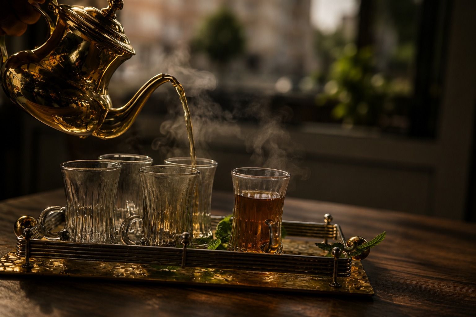 Service de thé à la menthe au restaurant Beit Al Hara Bruxelles